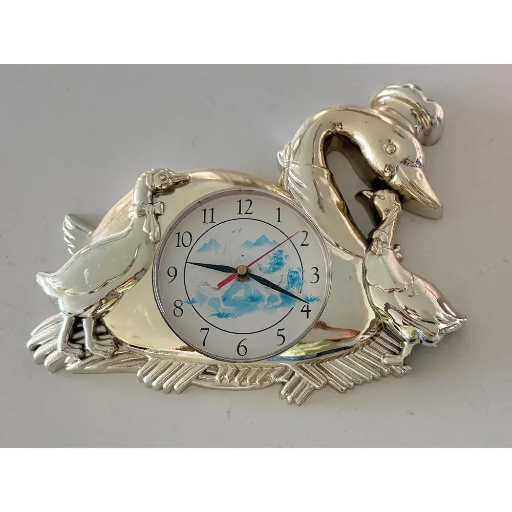 Vintage Kitsch Swan Wall Clock | Silver Tone Quartz Clock Working